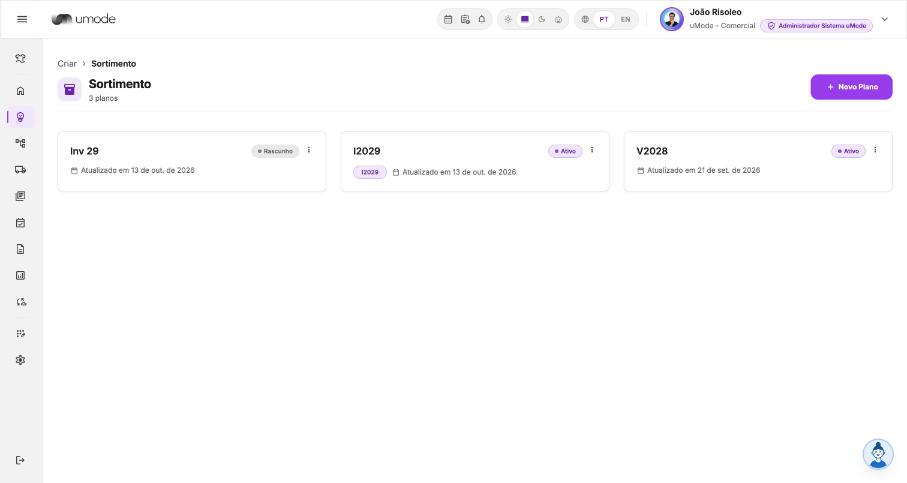 Lista de planos de Sortimento da uMode, com planos em rascunho e planos ativos